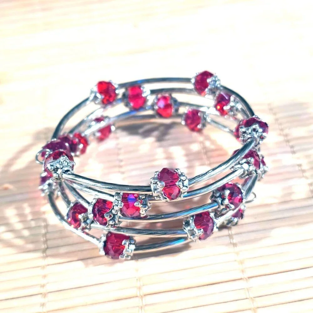 Red Faceted Crystal Rondelle Beads Silver Metal Handcrafted Wrap Bracelet